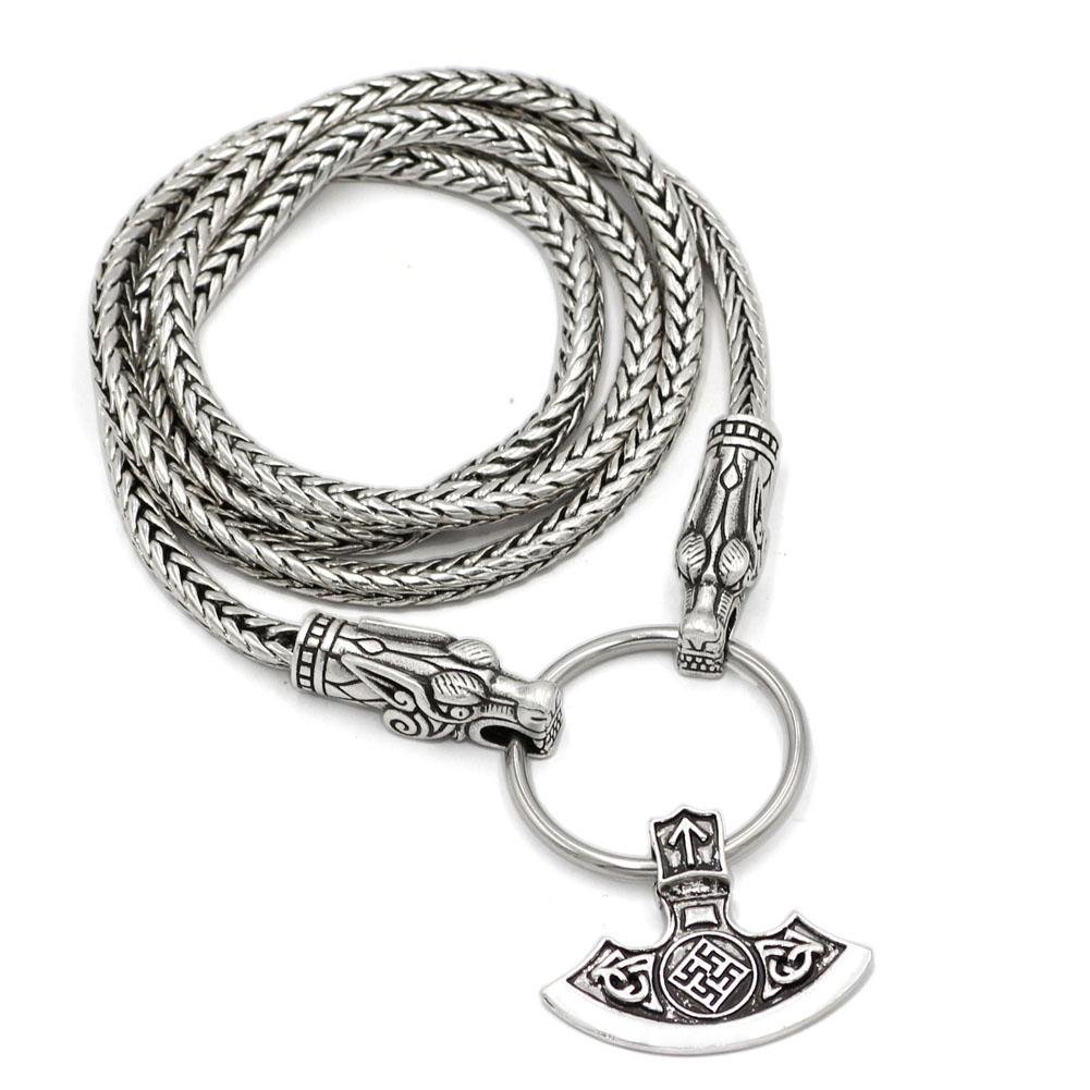 King's Chain Necklace with Wolf Head Beads and Ax Pendant - VikingsBrand