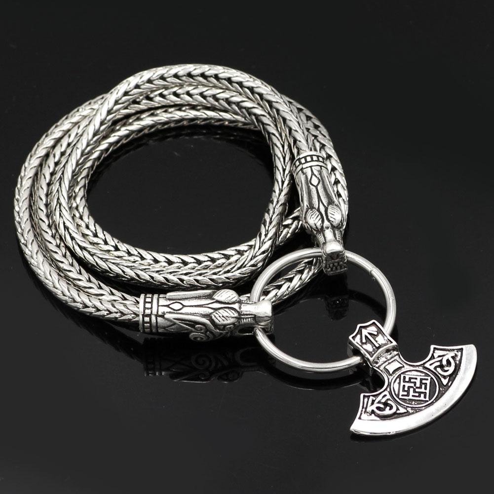 King's Chain Necklace with Wolf Head Beads and Ax Pendant - VikingsBrand