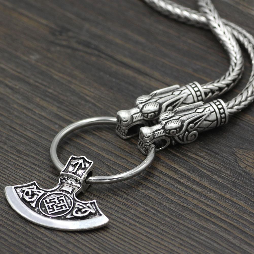 King's Chain Necklace with Wolf Head Beads and Ax Pendant - VikingsBrand
