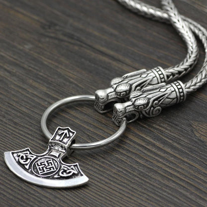 King's Chain Necklace with Wolf Head Beads and Ax Pendant - VikingsBrand