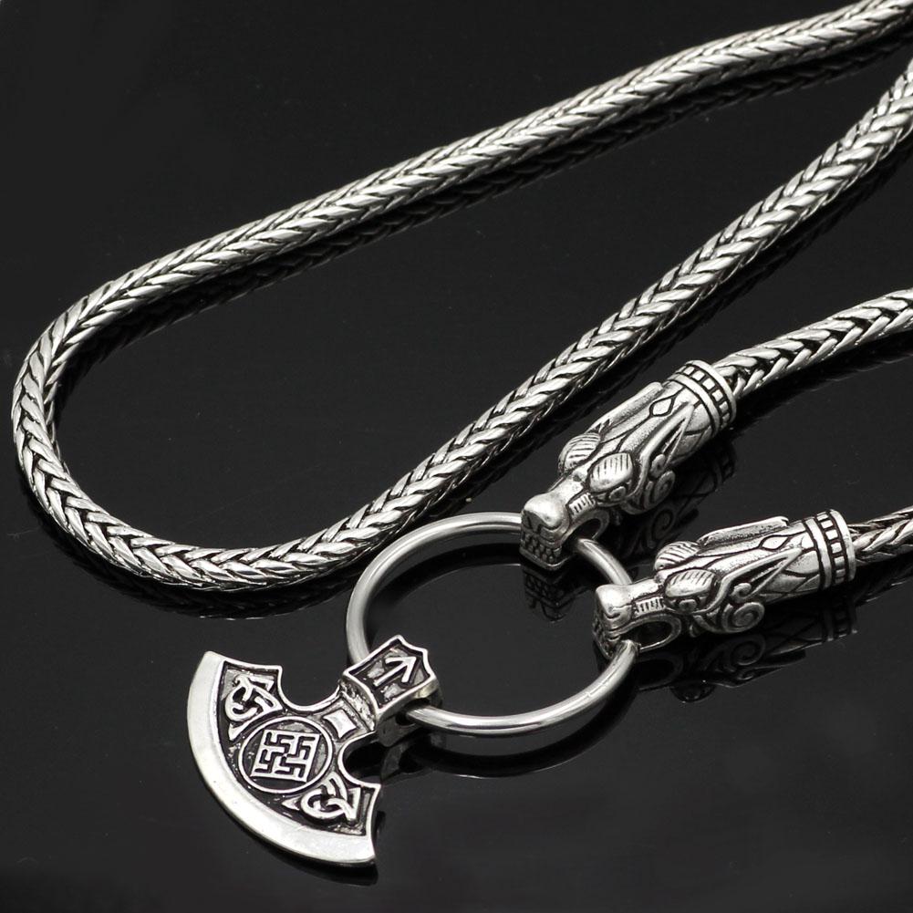 King's Chain Necklace with Wolf Head Beads and Ax Pendant - VikingsBrand