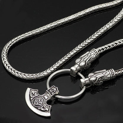 King's Chain Necklace with Wolf Head Beads and Ax Pendant - VikingsBrand