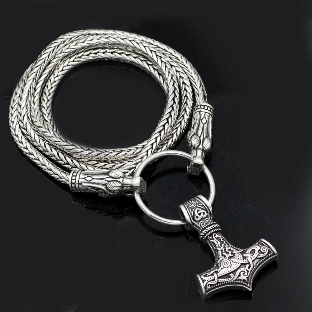 King's Chain Necklace with Wolf Head Beads and Thor's Hammer Pendant - VikingsBrand