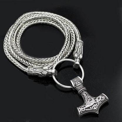 King's Chain Necklace with Wolf Head Beads and Thor's Hammer Pendant - VikingsBrand