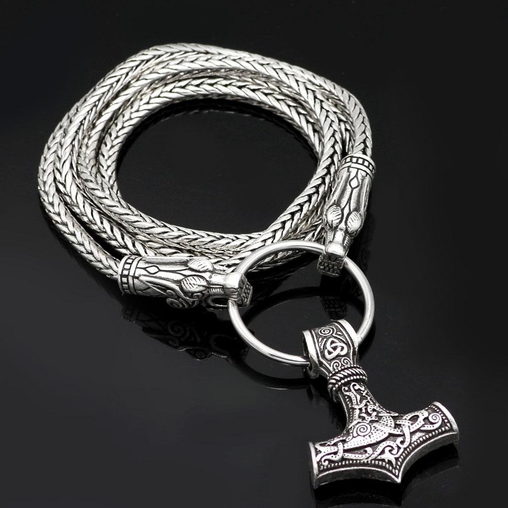 King's Chain Necklace with Wolf Head Beads and Thor's Hammer Pendant - VikingsBrand