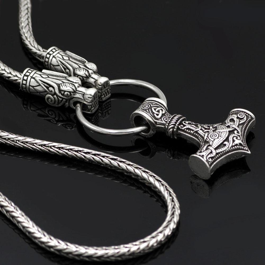 King's Chain Necklace with Wolf Head Beads and Thor's Hammer Pendant - VikingsBrand