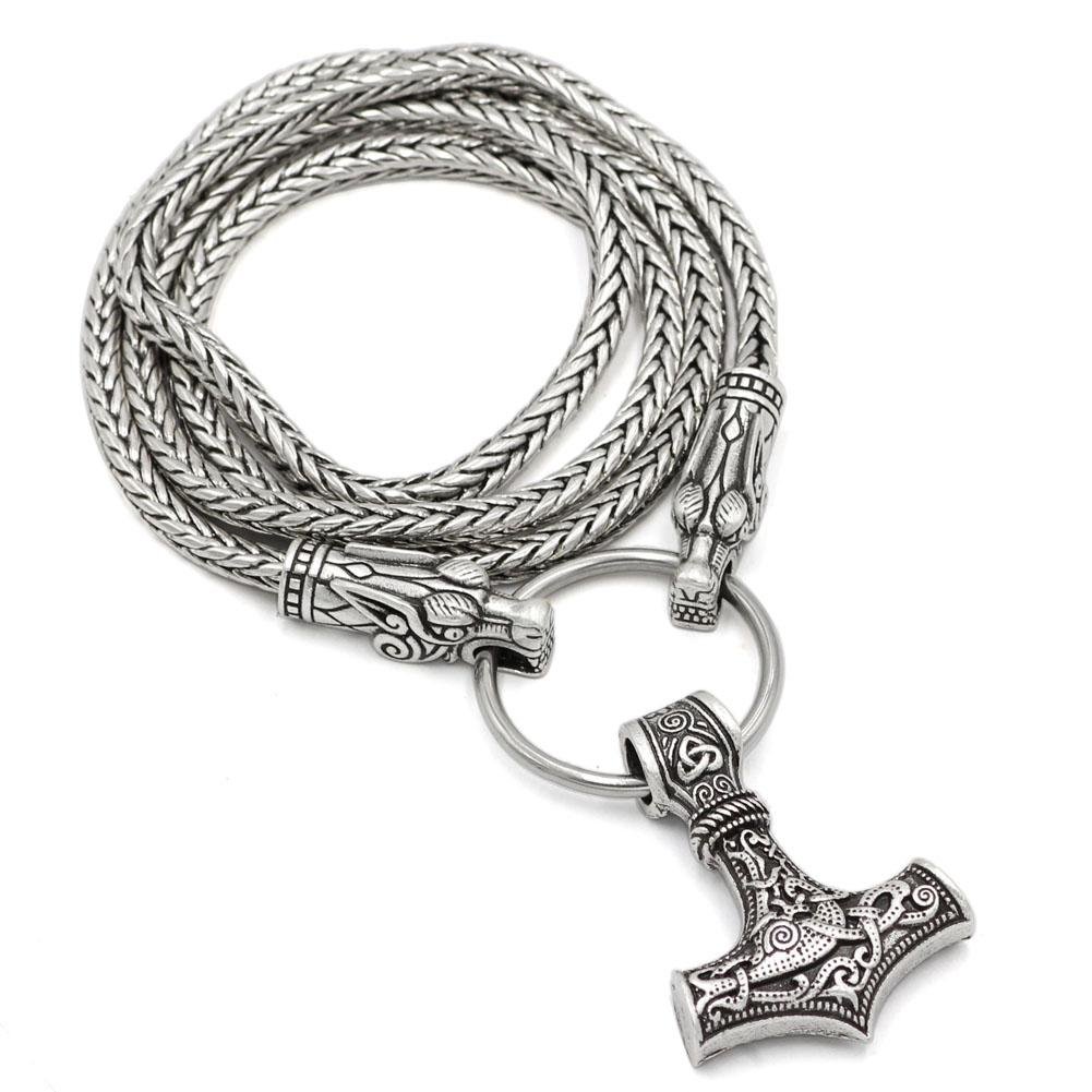 King's Chain Necklace with Wolf Head Beads and Thor's Hammer Pendant - VikingsBrand