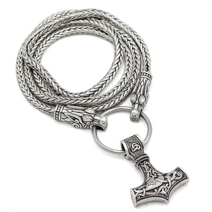 King's Chain Necklace with Wolf Head Beads and Thor's Hammer Pendant - VikingsBrand