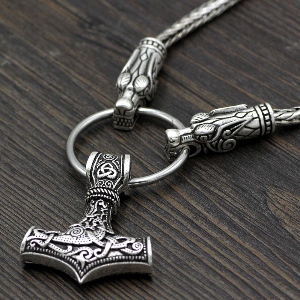 King's Chain wolf head necklace with Thor's Hammer