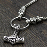 King's Chain Wolf Head Necklace with Thor's Hammer