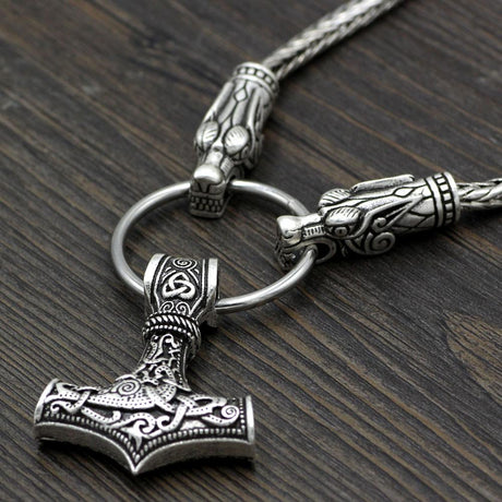 King's Chain Wolf Head Necklace with Thor's Hammer