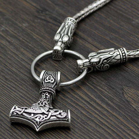 King's Chain Wolf Head Necklace with Thor's Hammer