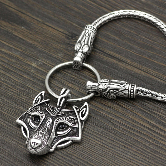 King's Chain Necklace with Wolf Head Beads and Wolf Head Pendant - VikingsBrand