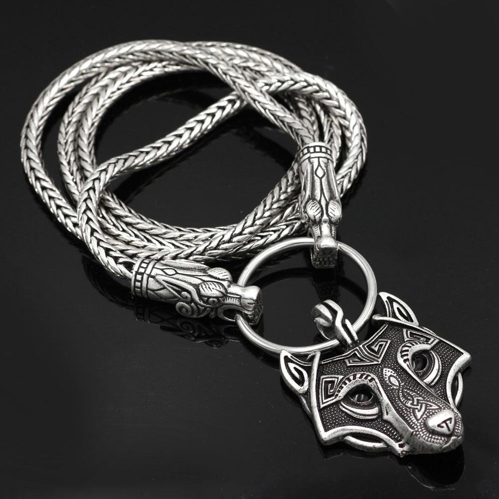 King's Chain Necklace with Wolf Head Beads and Wolf Head Pendant - VikingsBrand