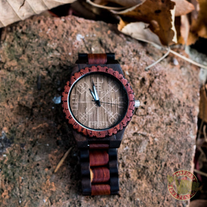 Knut Viking Wooden Watch with Vegvisir Viking Symbol & Engraved Honor the Gods, Love Your Woman, Defend Your Kin Saying - VikingsBrand