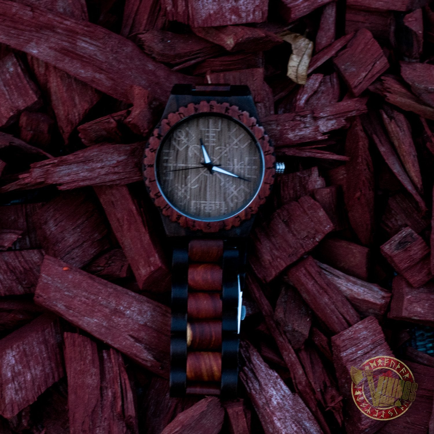 Knut Viking Wooden Watch with Vegvisir Viking Symbol & Engraved Honor the Gods, Love Your Woman, Defend Your Kin Saying - VikingsBrand