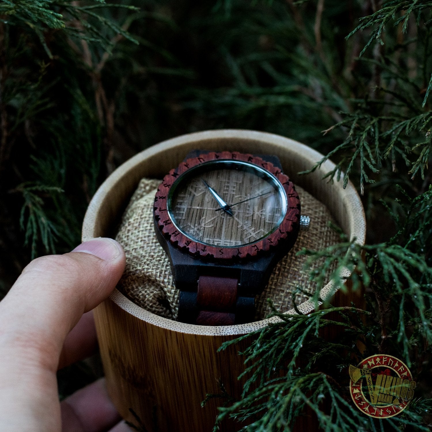 Knut Viking Wooden Watch with Vegvisir Viking Symbol & Engraved Honor the Gods, Love Your Woman, Defend Your Kin Saying - VikingsBrand