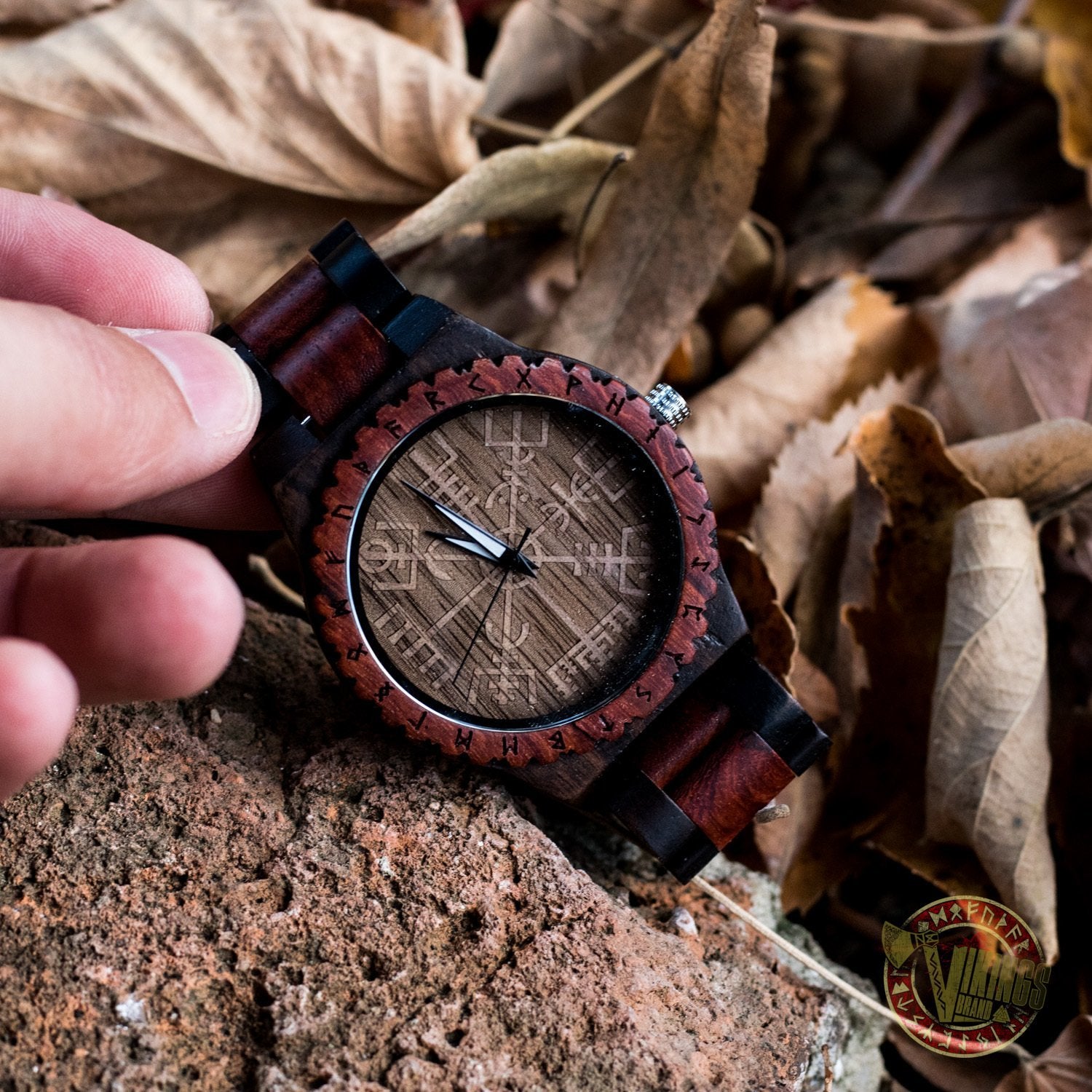 Knut Viking Wooden Watch with Vegvisir Viking Symbol & Engraved Honor the Gods, Love Your Woman, Defend Your Kin Saying - VikingsBrand
