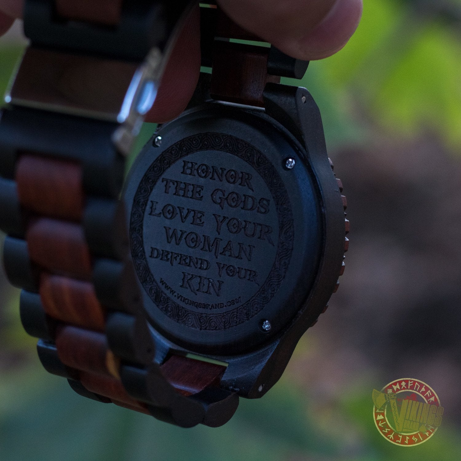 Knut Viking Wooden Watch with Vegvisir Viking Symbol & Engraved Honor the Gods, Love Your Woman, Defend Your Kin Saying - VikingsBrand