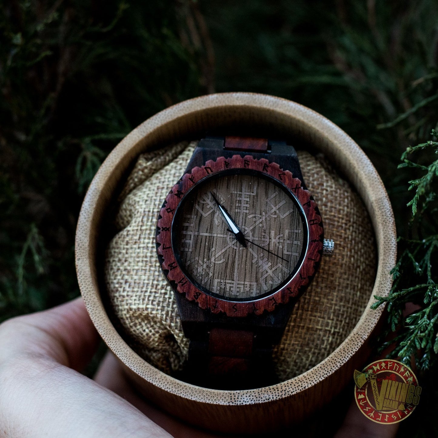 Knut Viking Wooden Watch with Vegvisir Viking Symbol & Engraved Honor the Gods, Love Your Woman, Defend Your Kin Saying - VikingsBrand