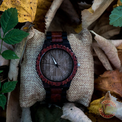 Knut Viking Wooden Watch with Vegvisir Viking Symbol & Engraved Honor the Gods, Love Your Woman, Defend Your Kin Saying - VikingsBrand