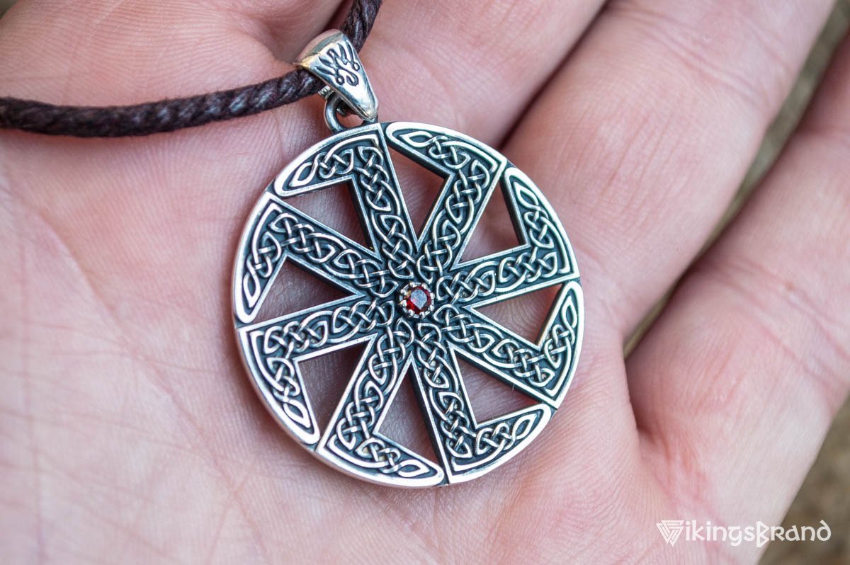 Kolovrat Vikings Symbol with Pagan Ornament Sterling Silver Pendant