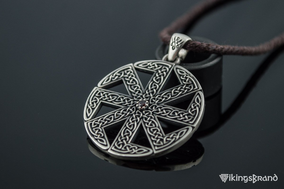 Kolovrat Vikings Symbol with Pagan Ornament Sterling Silver Pendant
