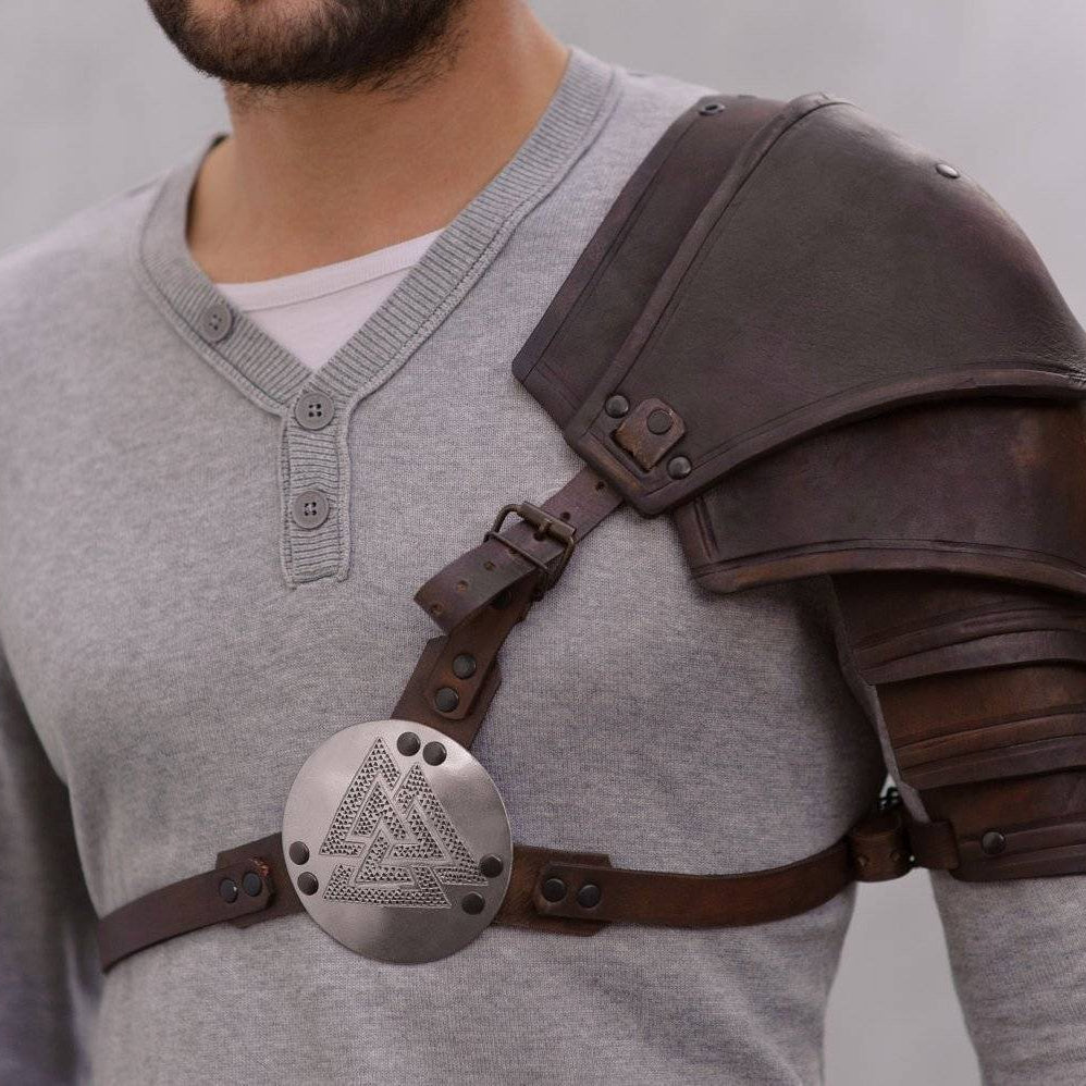 LARP Armor - Leather Pauldron- Valknut Odin's Symbol of Norse Viking Warriors Shoulder - VikingsBrand