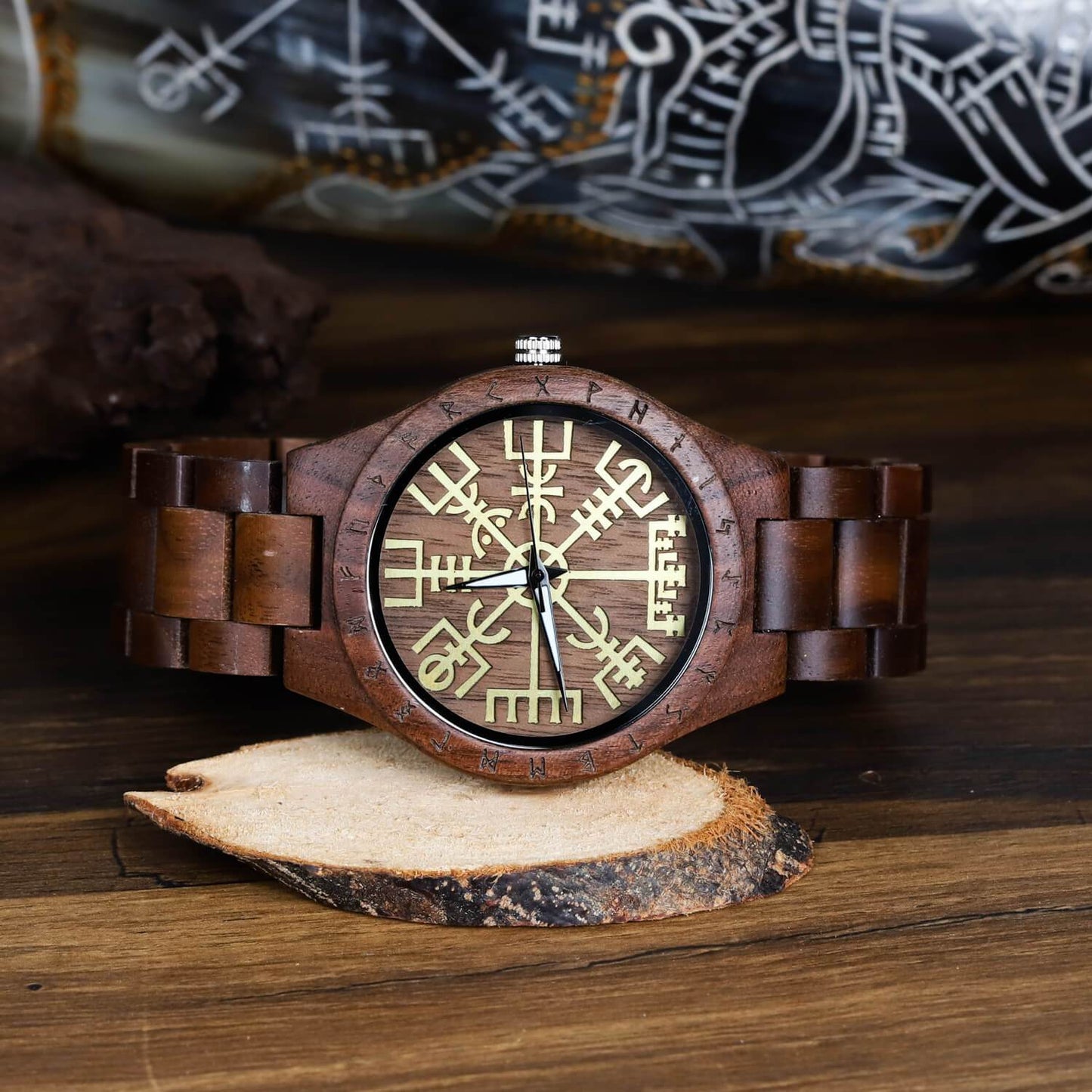 Leif Viking Wooden Watch with Carved Vegvisir Viking Compass & Custom Engravings