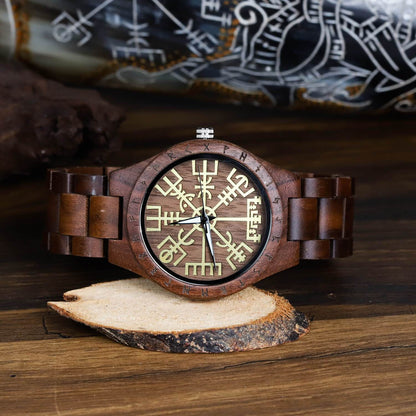 Leif Viking Wooden Watch with Carved Vegvisir Viking Compass & Custom Engravings