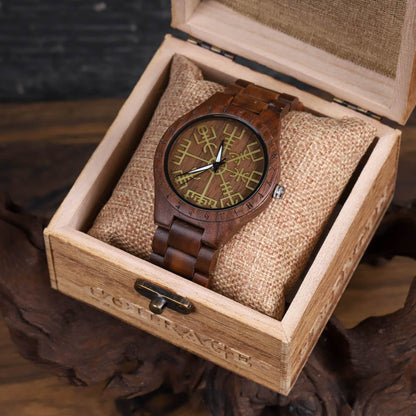 Leif Viking Wooden Watch with Carved Vegvisir Viking Compass & Custom Engravings