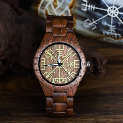 Leif Viking Wooden Watch with Carved Vegvisir Viking Compass & Custom Engravings