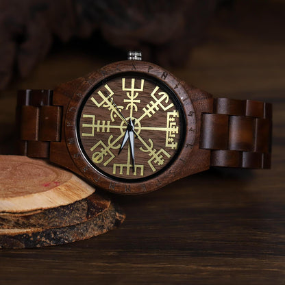 Leif Viking Wooden Watch with Carved Vegvisir Viking Compass & Custom Engravings