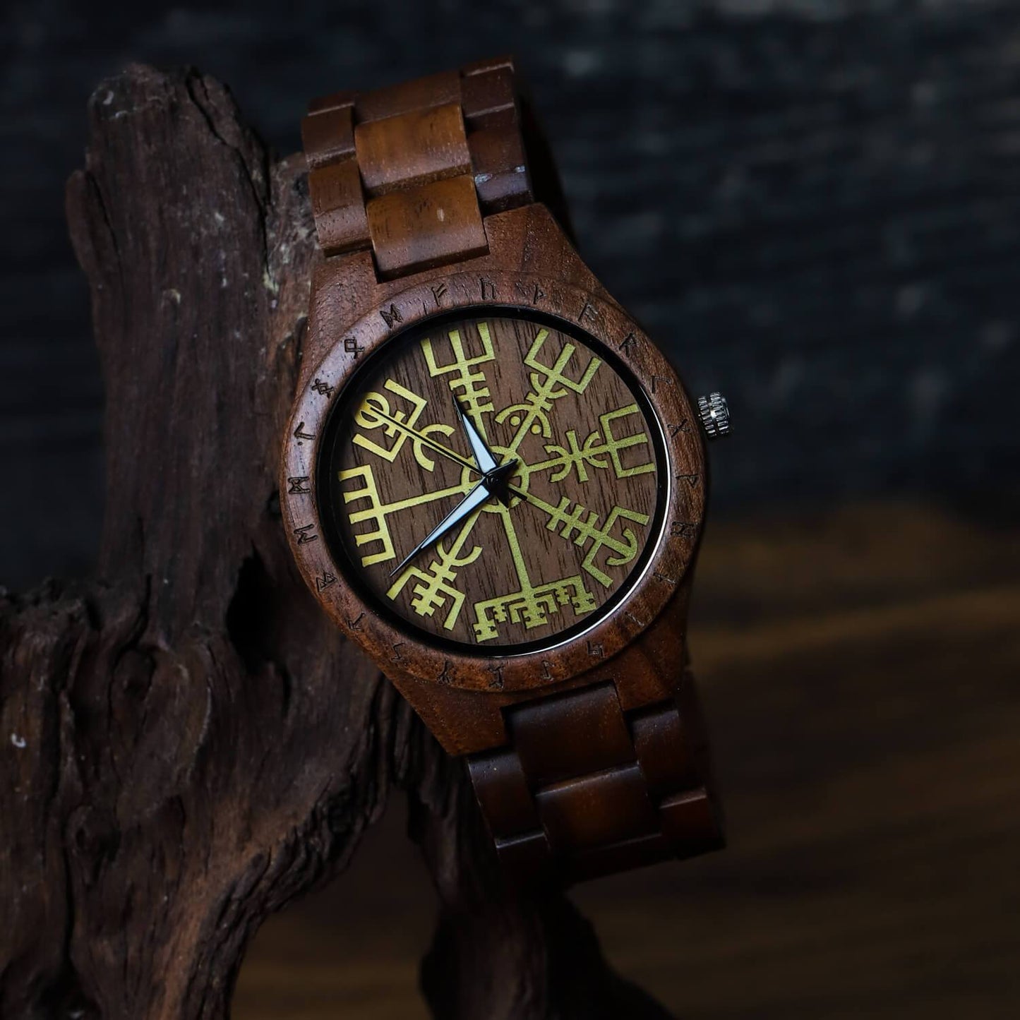 Leif Viking Wooden Watch with Carved Vegvisir Viking Compass & Custom Engravings