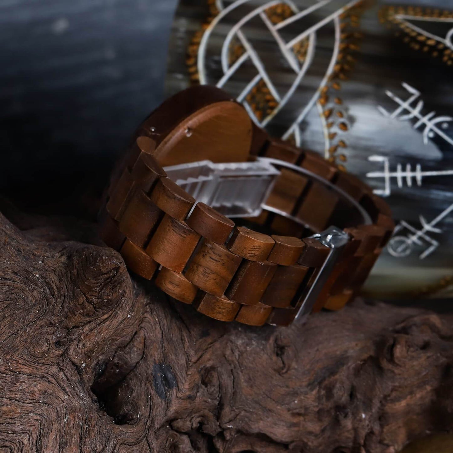 Leif Viking Wooden Watch with Carved Vegvisir Viking Compass & Custom Engravings