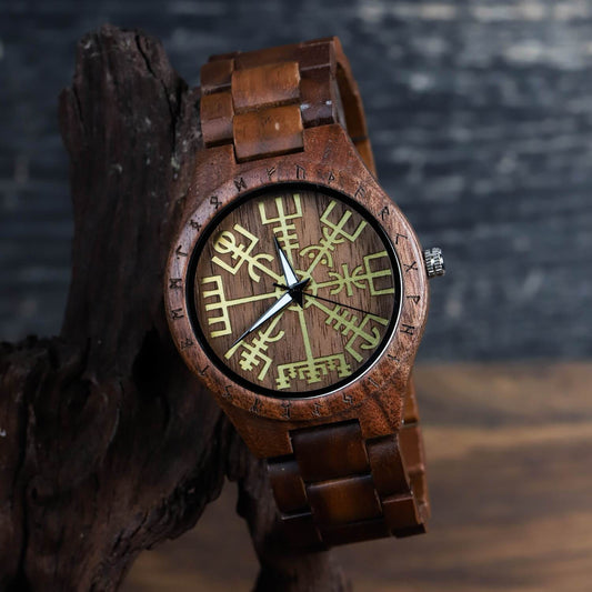 Leif Viking Wooden Watch with Carved Vegvisir Viking Compass & Custom Engravings
