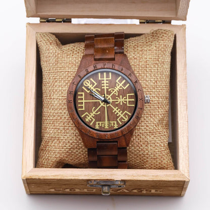 Leif Viking Wooden Watch with Carved Vegvisir Viking Compass & Custom Engravings