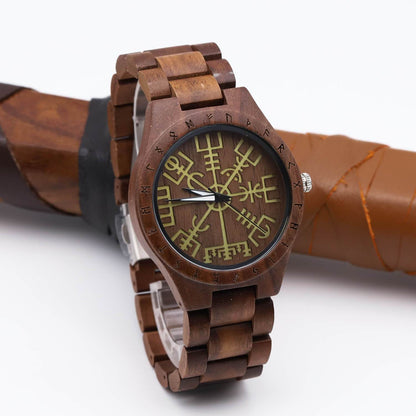 Leif Viking Wooden Watch with Carved Vegvisir Viking Compass & Custom Engravings