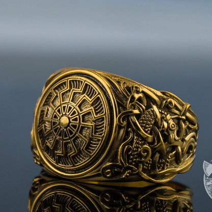 Mammen Style Black Sun 14K Gold Viking Ring - VikingsBrand