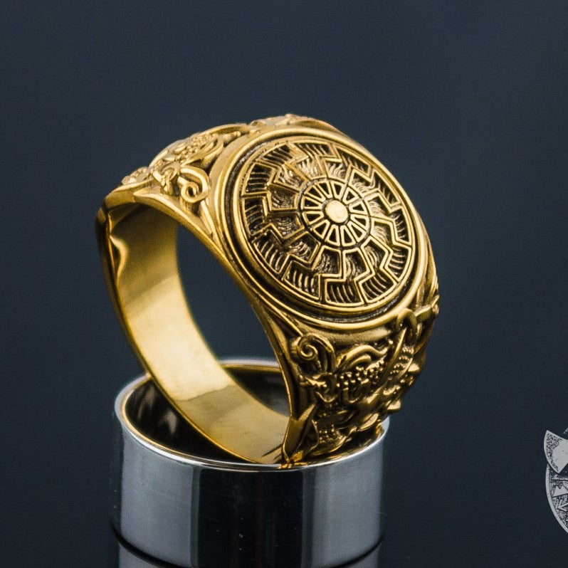 Mammen Style Black Sun 14K Gold Viking Ring - VikingsBrand