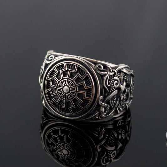 Mammen Style Black Sun Sterling Silver Viking Ring - VikingsBrand