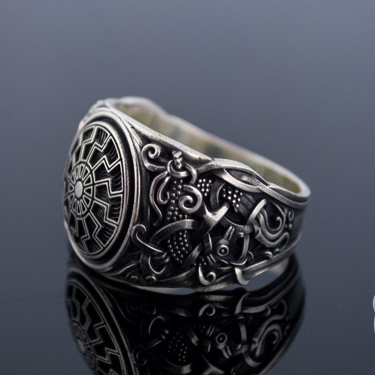 Mammen Style Black Sun Sterling Silver Viking Ring - VikingsBrand