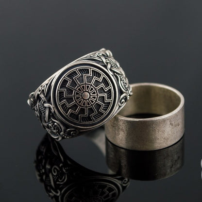 Mammen Style Black Sun Sterling Silver Viking Ring - VikingsBrand