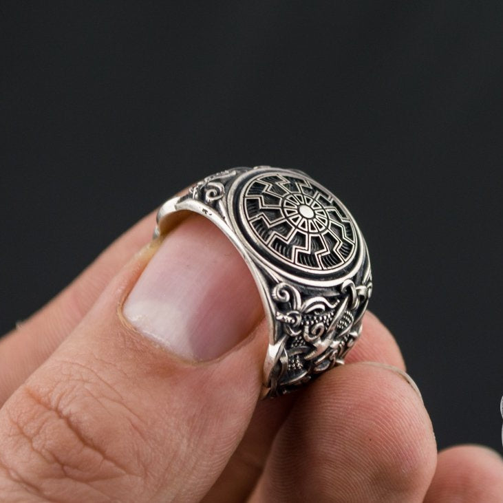 Mammen Style Black Sun Sterling Silver Viking Ring - VikingsBrand