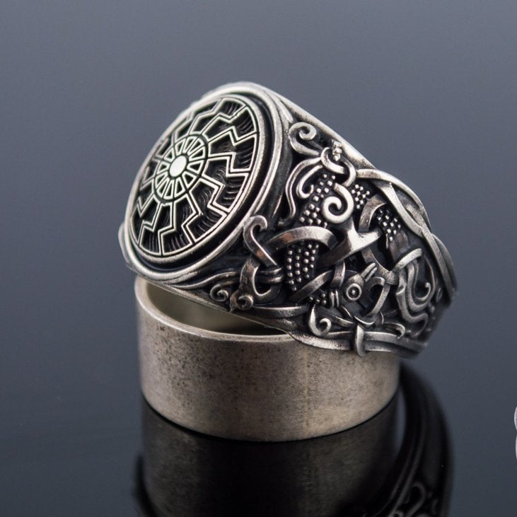 Mammen Style Black Sun Sterling Silver Viking Ring - VikingsBrand