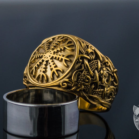 Mammen Style Helm of Awe 14K Gold Viking Ring - VikingsBrand