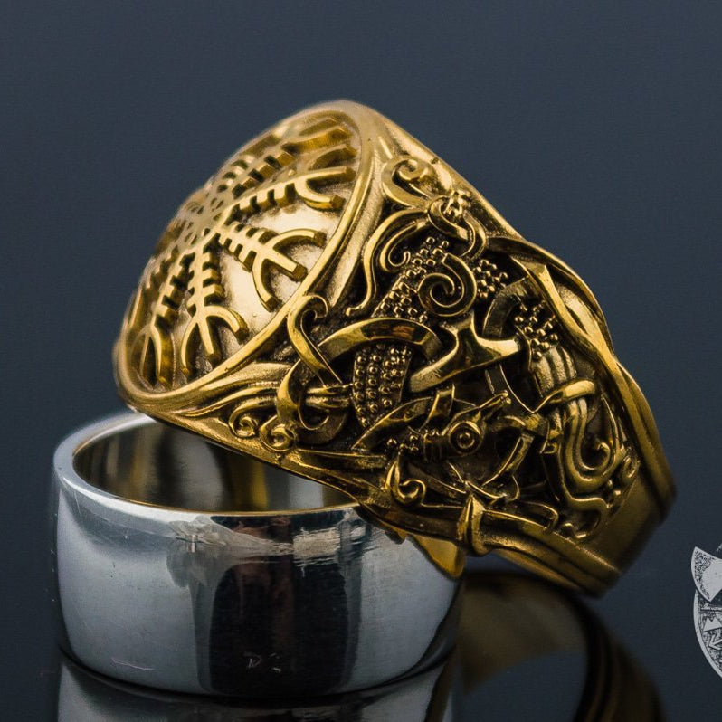 Mammen Style Helm of Awe 14K Gold Viking Ring - VikingsBrand