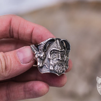 Massive Thor with Goats 925 Sterling Silver Viking Ring - VikingsBrand