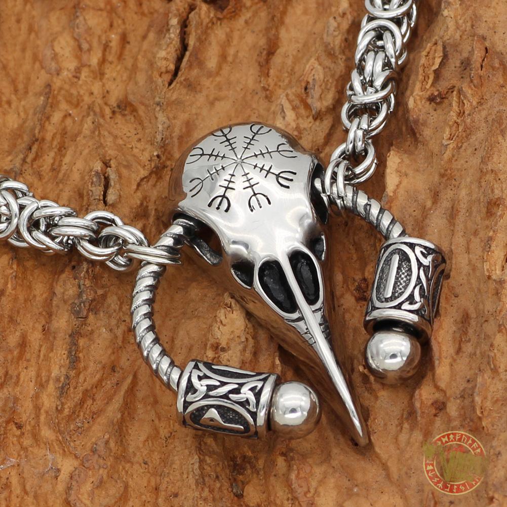 Massive Viking Raven Head Necklace with Runes and Vegvisir - VikingsBrand