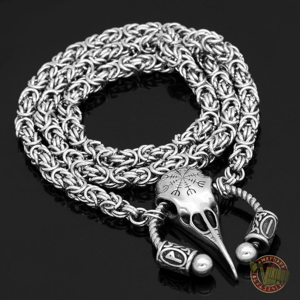 Massive Viking Raven Head Necklace with Runes and Vegvisir - VikingsBrand